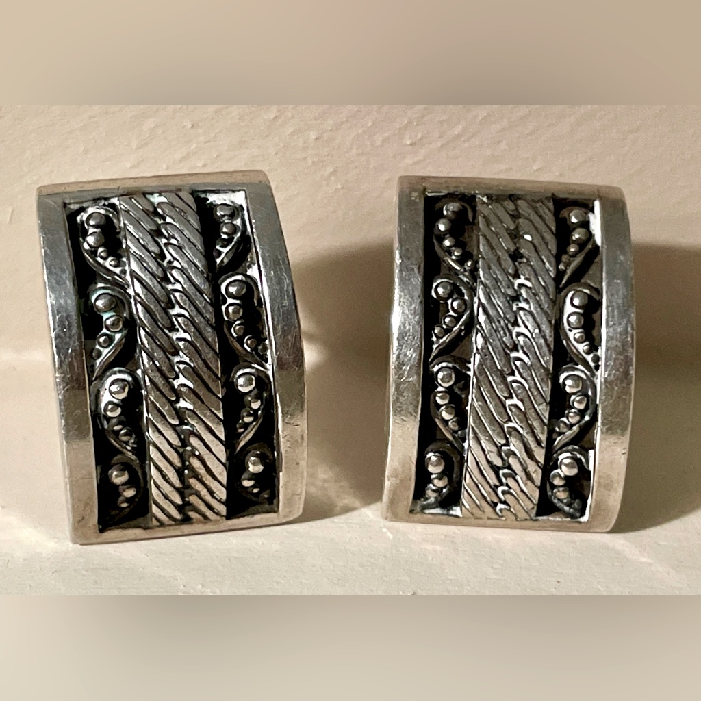 Signed Lois Hill Indonesia Sterling Silver Earrings Beaded Scroll Design